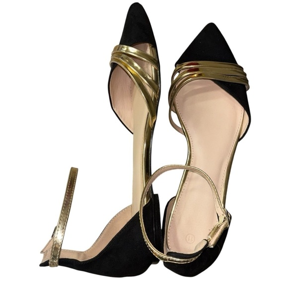 Suede Gold Strappy Pointed Toe Ballet Flats Women’s 11 Feminine Office Classic - Picture 1 of 14